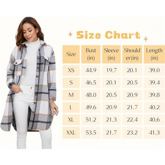 Women Plaid Shacket Brushed Flannel Shirt Jacket Mid Long Wool Blend Tartan Coat - Picture 4 of 7